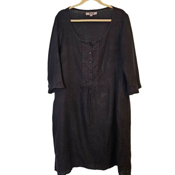 Flax dress, black linen midi. Size M. - Picture 1 of 6